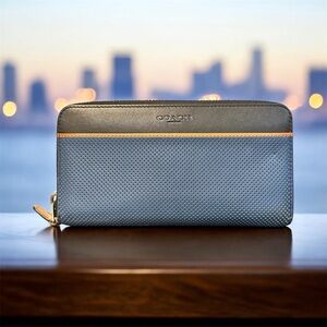 Coach Perforated Leather Accordian Zip Around Wallet Black/Blue